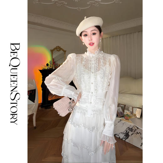 余潇潇【月光私语】法式宫廷风针织透气弹力收腰层次木耳边衬衫 商品图3