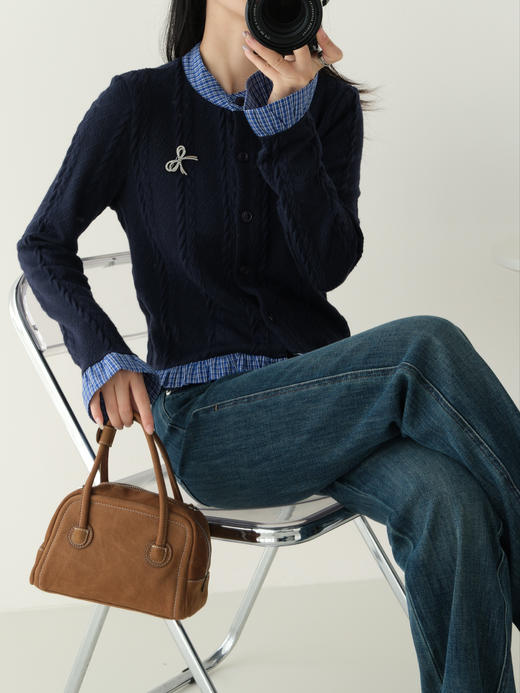 miu感假两件拼接荷叶边针织弹力开衫送胸针 商品图8