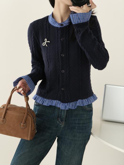 miu感假两件拼接荷叶边针织弹力开衫送胸针 商品图7