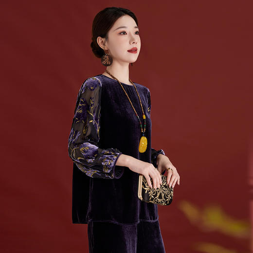 国风印花拼接真丝丝绒，复古上衣圆领气质时尚SM-12501331 商品图2