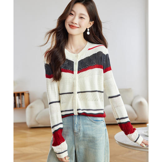 CC27-25113款针织衫条纹镂空减龄拼接开衫外搭高级感配裙子早秋新 商品图1