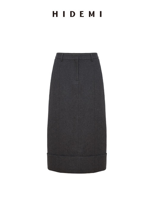 HIDEMI 进口羊毛厚款毛呢半裙立裁立体压褶折纸翻边设计感长裙 商品图6