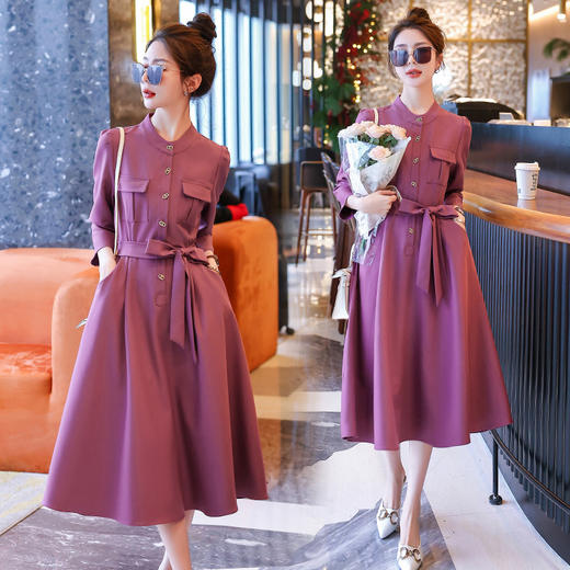XNS2682时尚纯色收腰系带连衣裙女2025年新款秋季中长款修身女装通勤裙子 商品图0