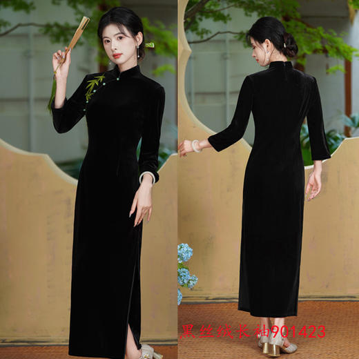 GX黑丝绒长款贴花长袖旗袍2025秋冬新款复古国风日常旗袍 商品图1