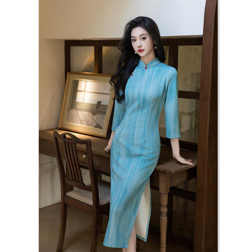 GX复古国风新中式长款七分袖针织单层旗袍2025秋季新款年轻日常旗袍 商品图3