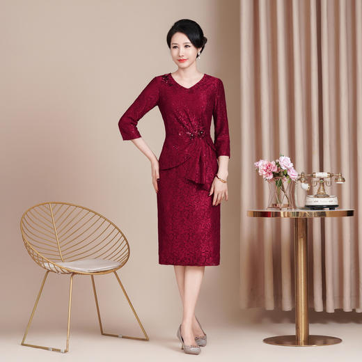 HYX高级感女修身旗袍连衣裙百褶国潮婚宴装敬酒妈妈装气质中袖 商品图1