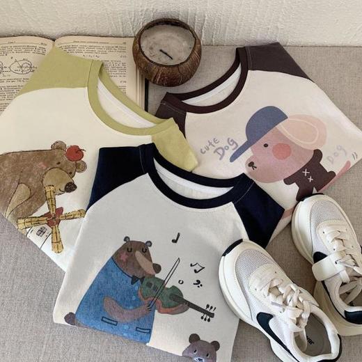 2025秋冬韩版儿童纯棉卡通撞色长袖T恤男女宝宝拼色插肩袖打底衫 商品图1