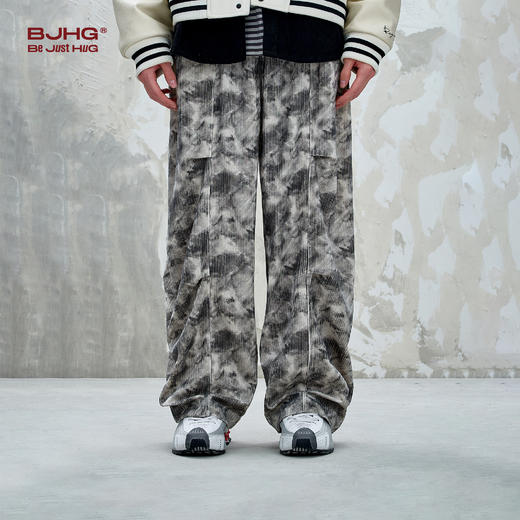 BJHG不计后果灯芯绒运动休闲裤男款秋季美式复古扎染宽松阔腿裤子 商品图2