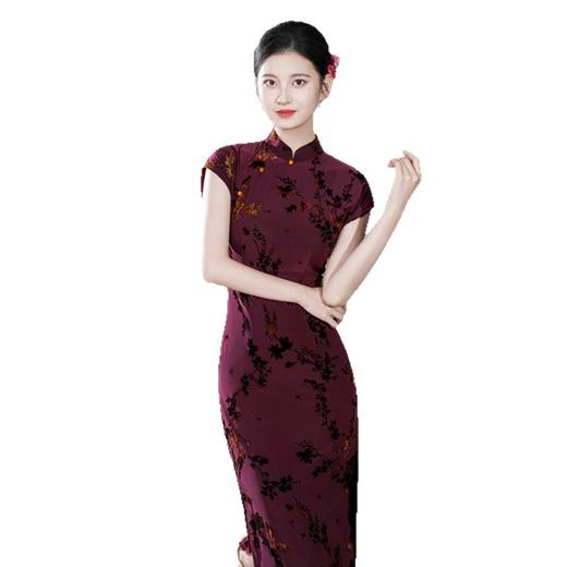 GX现代改良新中式长款冰丝植绒连袖旗袍2025初秋新款复古国风旗袍裙 商品图4