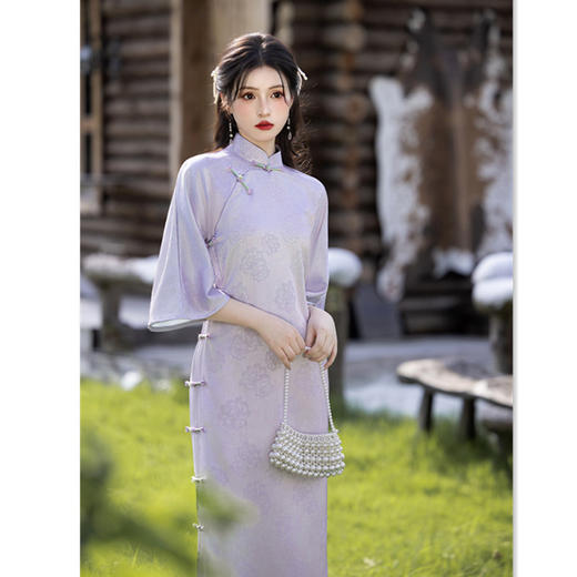 GX仿醋酸提花长款倒大袖古法旗袍2025秋新款复古国风全开襟中式旗袍 商品图3