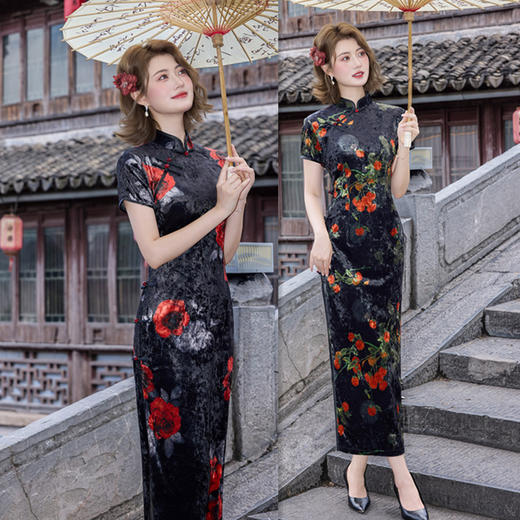 GX长款丝绒短袖旗袍2025秋季新款复古中国风高级感旗袍裙 商品图0
