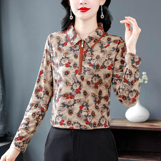 KQLB41N9916新款秋冬妈妈打底衫薄绒中老年碎花上衣长袖内搭T恤女士 商品图3