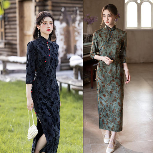 GX牛奶丝植绒长款七分袖旗袍2025初秋新款复古改良新中式日常旗袍裙 商品图3