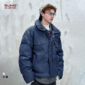 BJHG不计后果工装夹克棉服男款冬季美式仿牛仔棉衣PU皮棉袄外套男