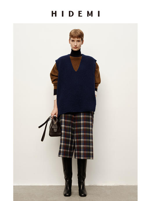 HIDEMI 复古色织格纹羊毛阔腿宽松休闲裤加厚毛呢中长裤配靴神裤 商品图6
