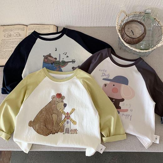 2025秋冬韩版儿童纯棉卡通撞色长袖T恤男女宝宝拼色插肩袖打底衫 商品图0