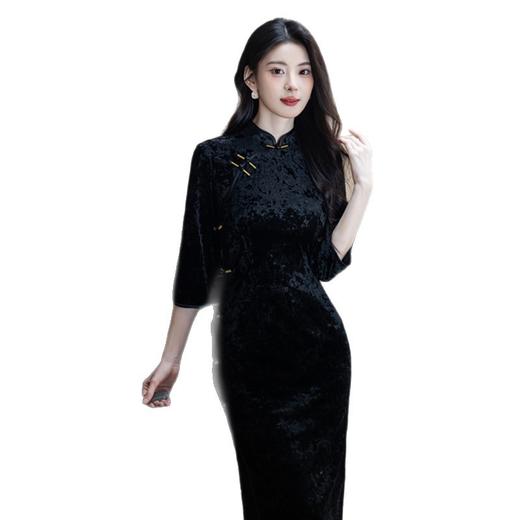 GX复古中国风丝绒烧花长款中袖旗袍2025初秋新款年轻款修身显瘦旗袍 商品图4