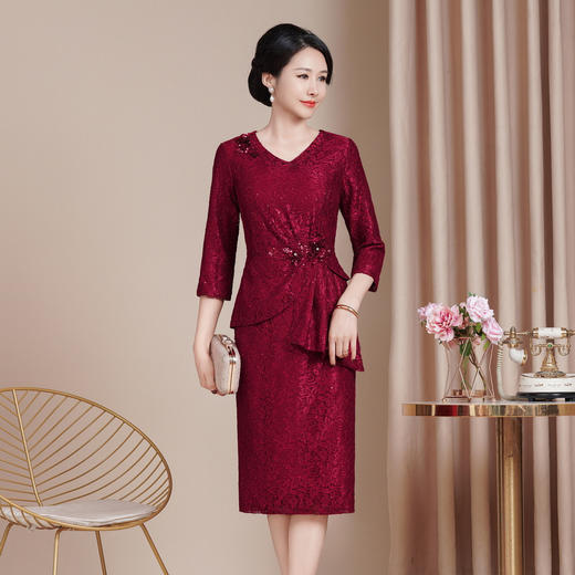 HYX高级感女修身旗袍连衣裙百褶国潮婚宴装敬酒妈妈装气质中袖 商品图0