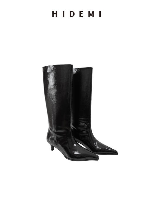 HIDEMI 进口做旧牛漆皮尖头设计感小猫跟长靴手工宽筒骑士靴 商品图10