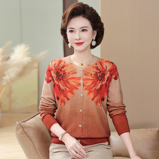 CCps6859装秋装100%羊毛衫外套女新款2025中老年洋气印花短款时尚开衫 商品图1