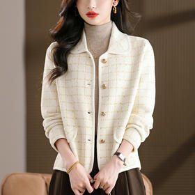 QG-6046高级感毛呢外套春秋加厚格子翻领上衣2025新款大码胖妹妹开衫显瘦