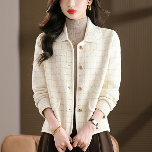 QG-6046高级感毛呢外套春秋加厚格子翻领上衣2025新款大码胖妹妹开衫显瘦 商品图0