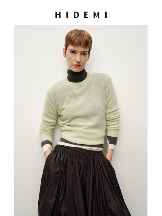 HIDEMI 进口stoll26支精纺纱织山羊绒圆领长袖极简针织毛衣 商品图2
