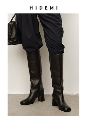 HIDEMI 进口意大利头层牛皮方圆头粗5cm中跟靴骑士靴高筒长靴