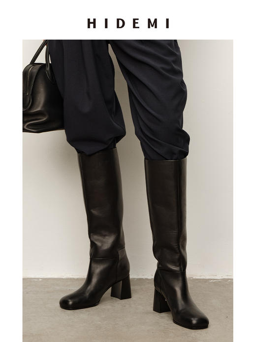 HIDEMI 进口意大利头层牛皮方圆头粗5cm中跟靴骑士靴高筒长靴 商品图0