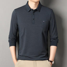 【买1送1男士长袖t恤】中年爸爸春秋装真口袋Polo衫翻领条纹上衣
