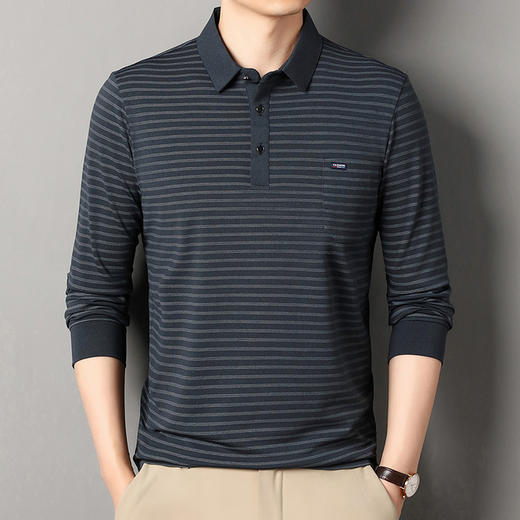 【买1送1男士长袖t恤】中年爸爸春秋装真口袋Polo衫翻领条纹上衣 商品图0