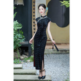 GX韩国绒无袖中式长款改良旗袍2025秋季新款女民国风复古修身旗袍裙