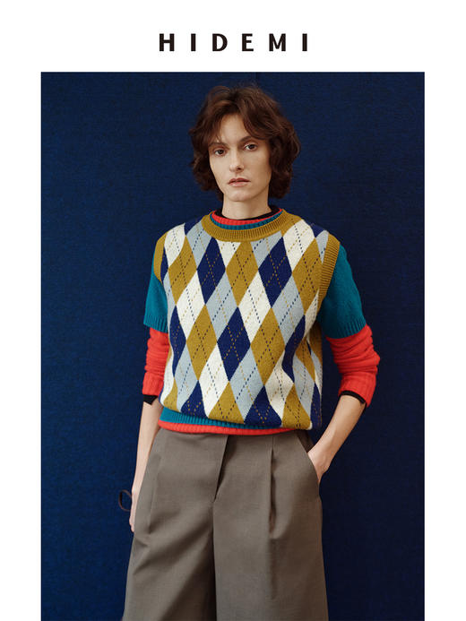 HIDEMI 进口美利奴羊毛原创复古手绘图案无袖套头毛衣中厚款背心女 商品图2