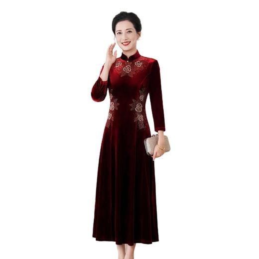 HYX秋装新款高级感韩国绒旗袍连衣裙婚礼国潮婚宴装气质大摆裙 商品图4