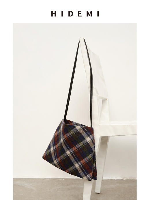HIDEMI 复古色织格纹羊毛双层极简方形设计感托特单肩包小背包 商品图0