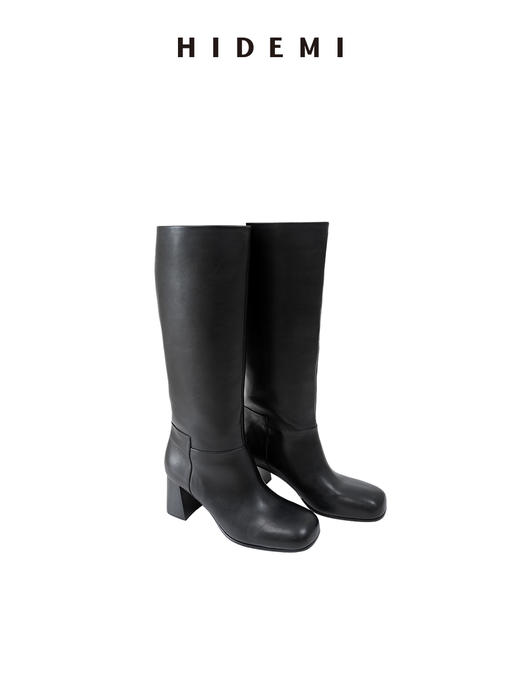 HIDEMI 进口意大利头层牛皮方圆头粗5cm中跟靴骑士靴高筒长靴 商品图13
