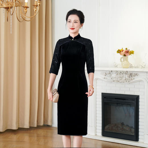 HYX秋季新款高级感旗袍连衣裙国潮婚宴气质中袖修身日常穿拼接 商品图2