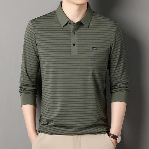 【买1送1男士长袖t恤】中年爸爸春秋装真口袋Polo衫翻领条纹上衣 商品图1