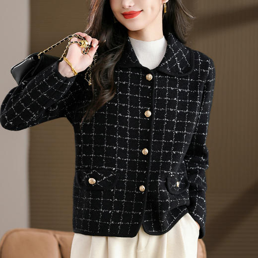 QG-6046高级感毛呢外套春秋加厚格子翻领上衣2025新款大码胖妹妹开衫显瘦 商品图3
