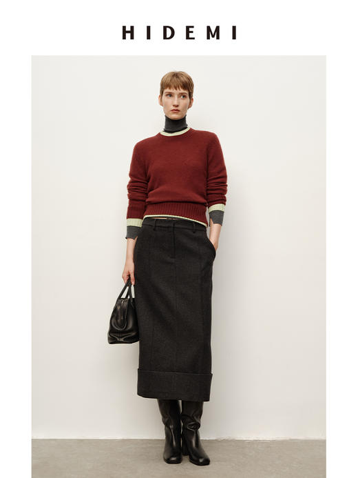 HIDEMI 进口羊毛厚款毛呢半裙立裁立体压褶折纸翻边设计感长裙 商品图2