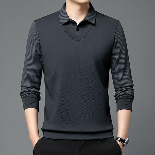 【男士polo衫长袖】高端商务休闲男装假两件翻领条纹T恤上衣 商品图5
