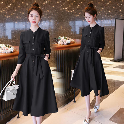 XNS2682时尚纯色收腰系带连衣裙女2025年新款秋季中长款修身女装通勤裙子 商品图1