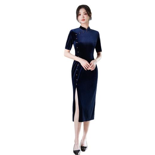 GX2025初秋新款修身优雅长款丝绒旗袍立领短袖国风新中式日常旗袍裙 商品图4