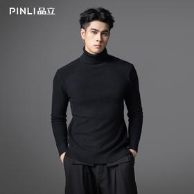 PINLI品立2025秋季新款男士修身高领提花格子打底毛衣套头针织衫GD253110077