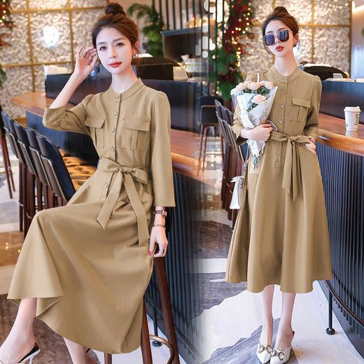 XNS2682时尚纯色收腰系带连衣裙女2025年新款秋季中长款修身女装通勤裙子 商品图2