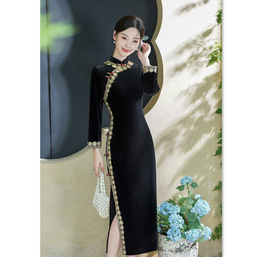 GX老上海黑丝绒花边高级感旗袍2025秋季新款复古中国风大码旗 商品图0