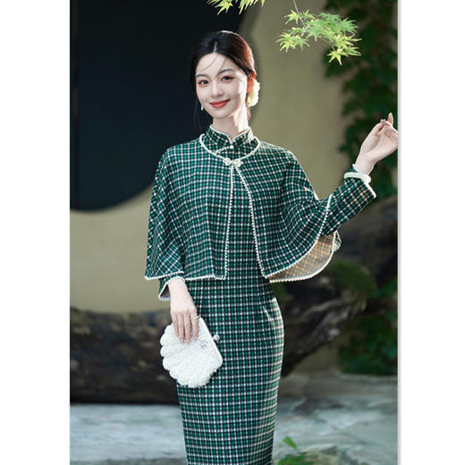 GX格子披肩旗袍两件套2025秋季新款复古国风时尚洋气女士套装 商品图2