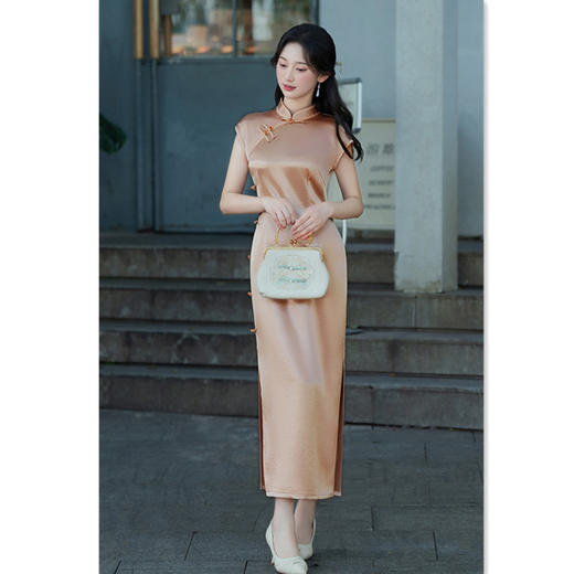 GX老上海复古中国风长款流光缎单层旗袍2025初秋款素雅中式修身旗袍 商品图2