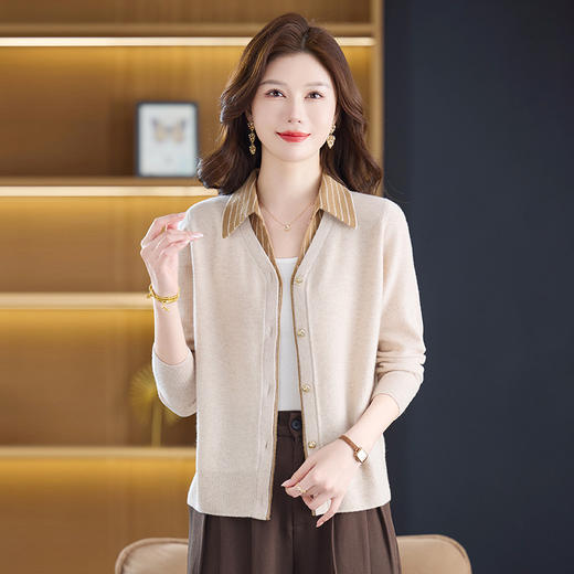 fgtt256789假两件100%纯羊毛针织开衫女春秋新款宽松显瘦妈妈装翻领毛衣外套 商品图3