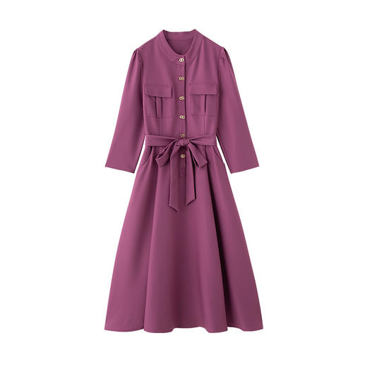 XNS2682时尚纯色收腰系带连衣裙女2025年新款秋季中长款修身女装通勤裙子 商品图4
